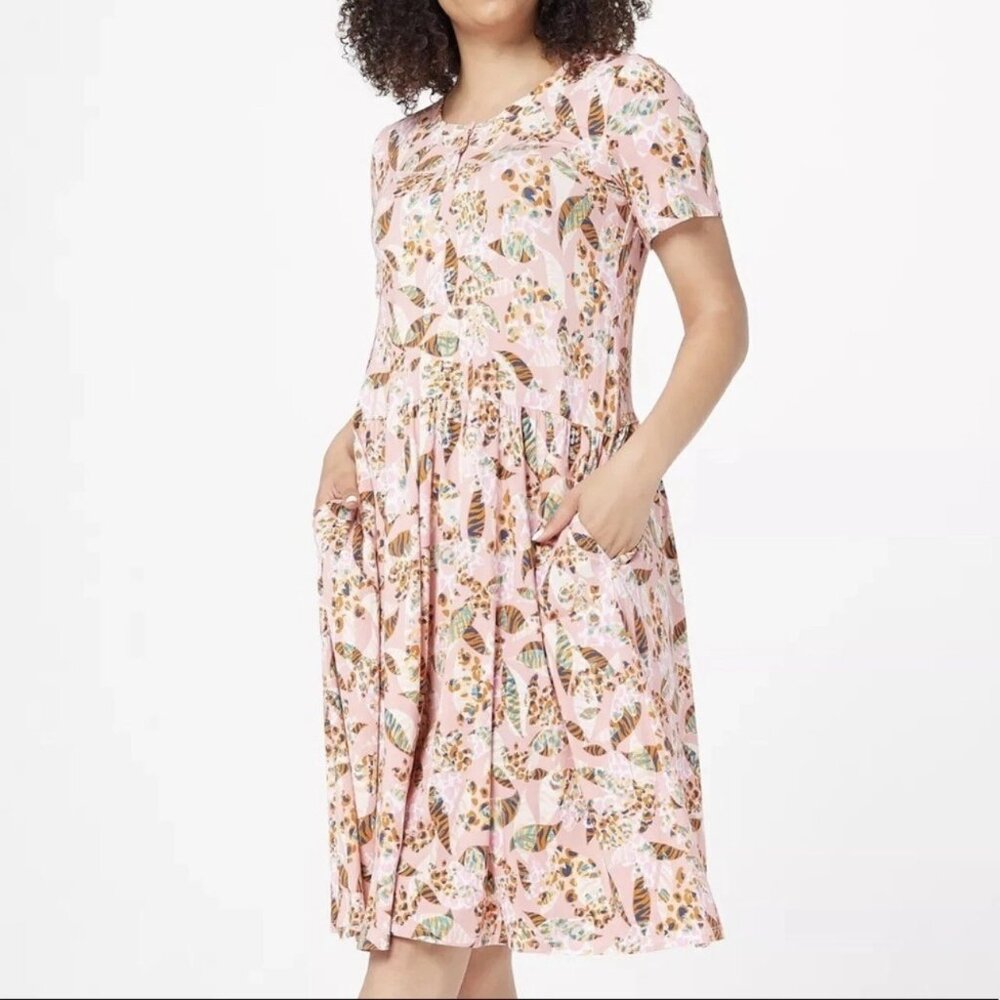 LOGO Lori Goldstein Women's Sadie Pink Floral Midi Henley Dress Sz SP